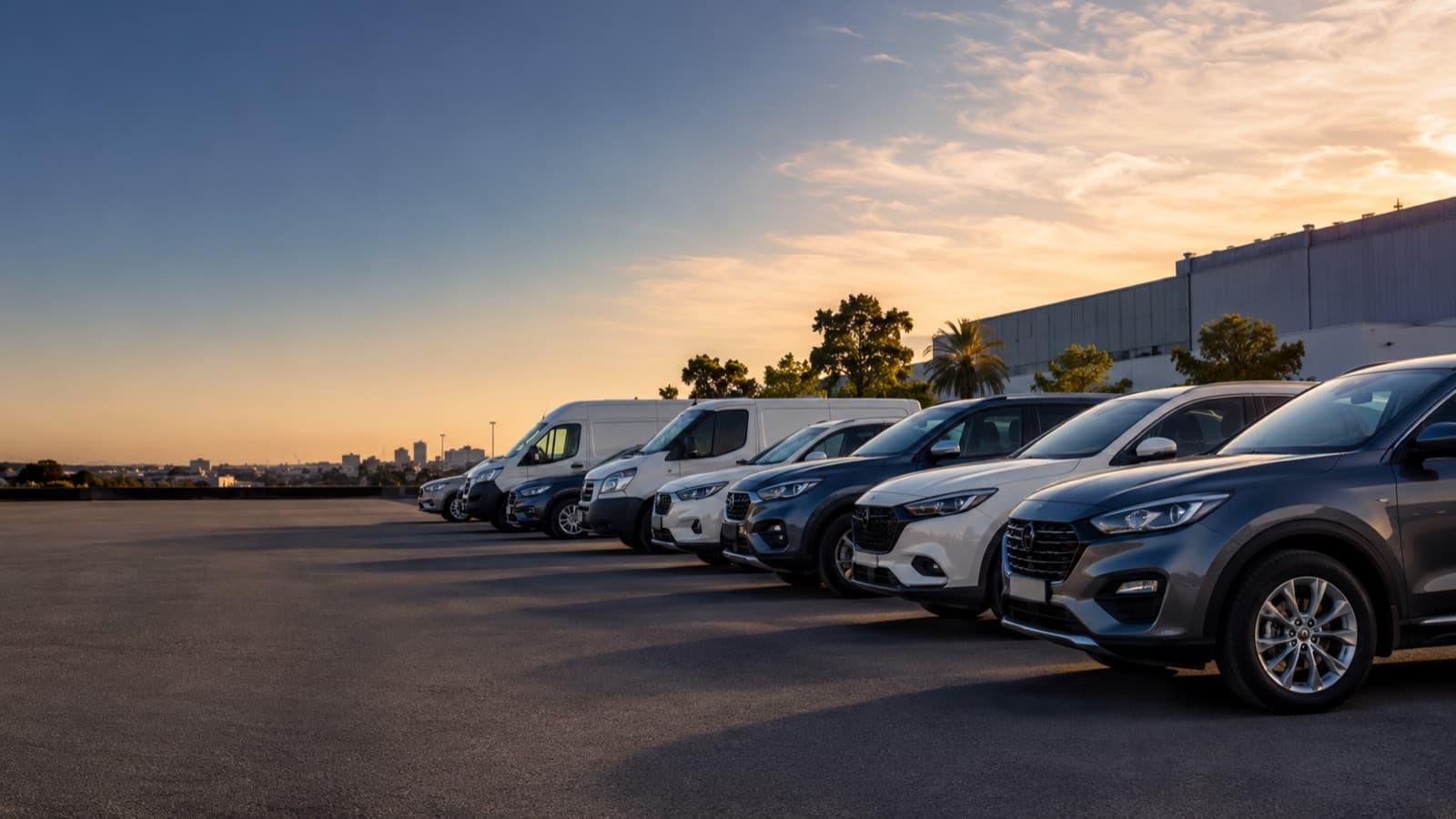 Flota de vehículos de empresa estacionada al atardecer